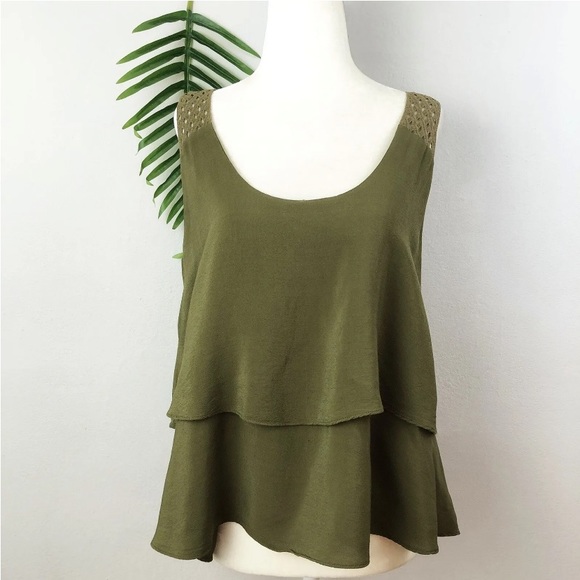 Anthro HD in Paris Olive Green Tiered Ruffle Crochet Lattice Lace Tank Blouse - Picture 4 of 7